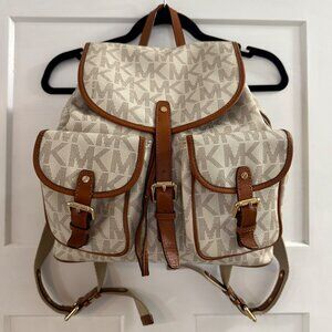 Michael Kors Monogram Canvas Backpack With Leather Trim & Gold Accents